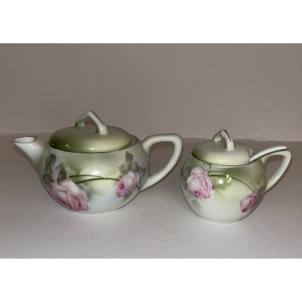 vintage rs prussia hand painted roses porcelain covered cream & sugar with spoon